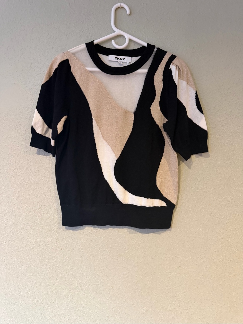 DKNY Black and Cream Abstract Short-Sleeve Sweater Top